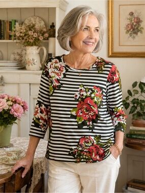 Lemon Way Floral Stripe Top Womens Large Rose Print Grandmacore Cottagecore